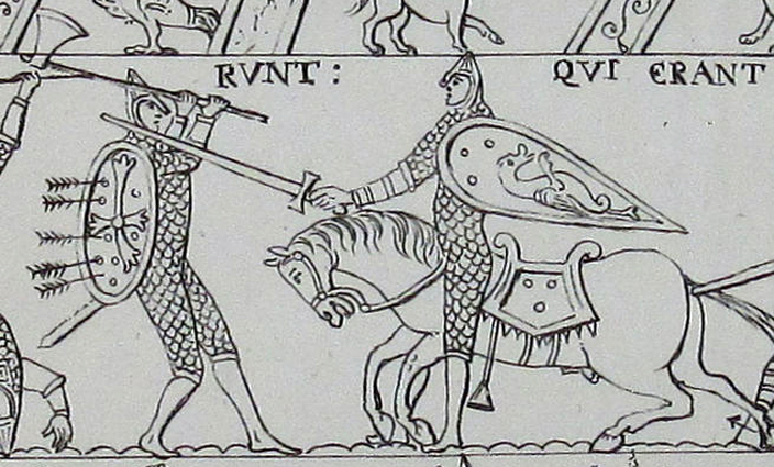 Drawing of a scene from the Bayeux Tapestry, (produced in the 11th century depicting the Battle of Hastings). This scene shows a Norman knight (on the right) fighting with an English housecarl (on the left). The housecarl is holding a Danish axe.